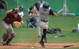 Shortstop Zeller breaks out of the box after a bunt attempt in his first at-bat.